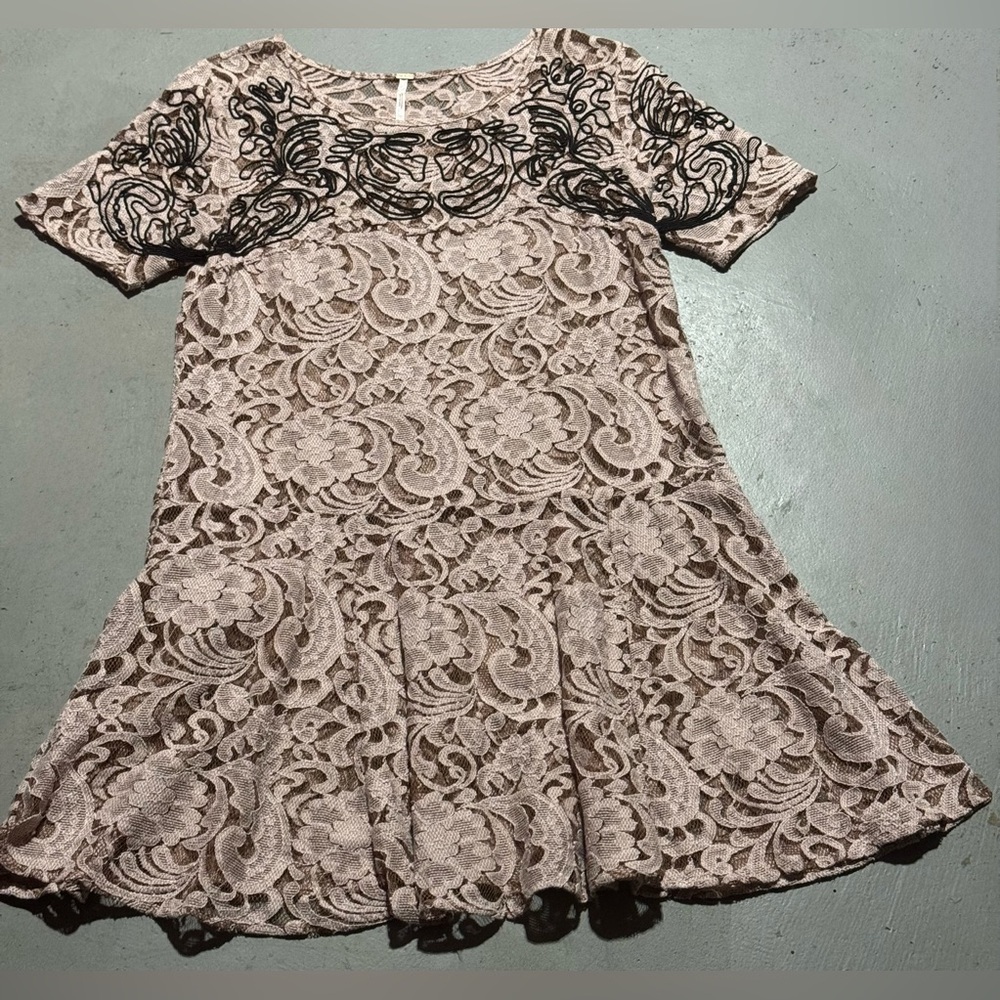 Free People Mini Dress in Cream and Black Lace